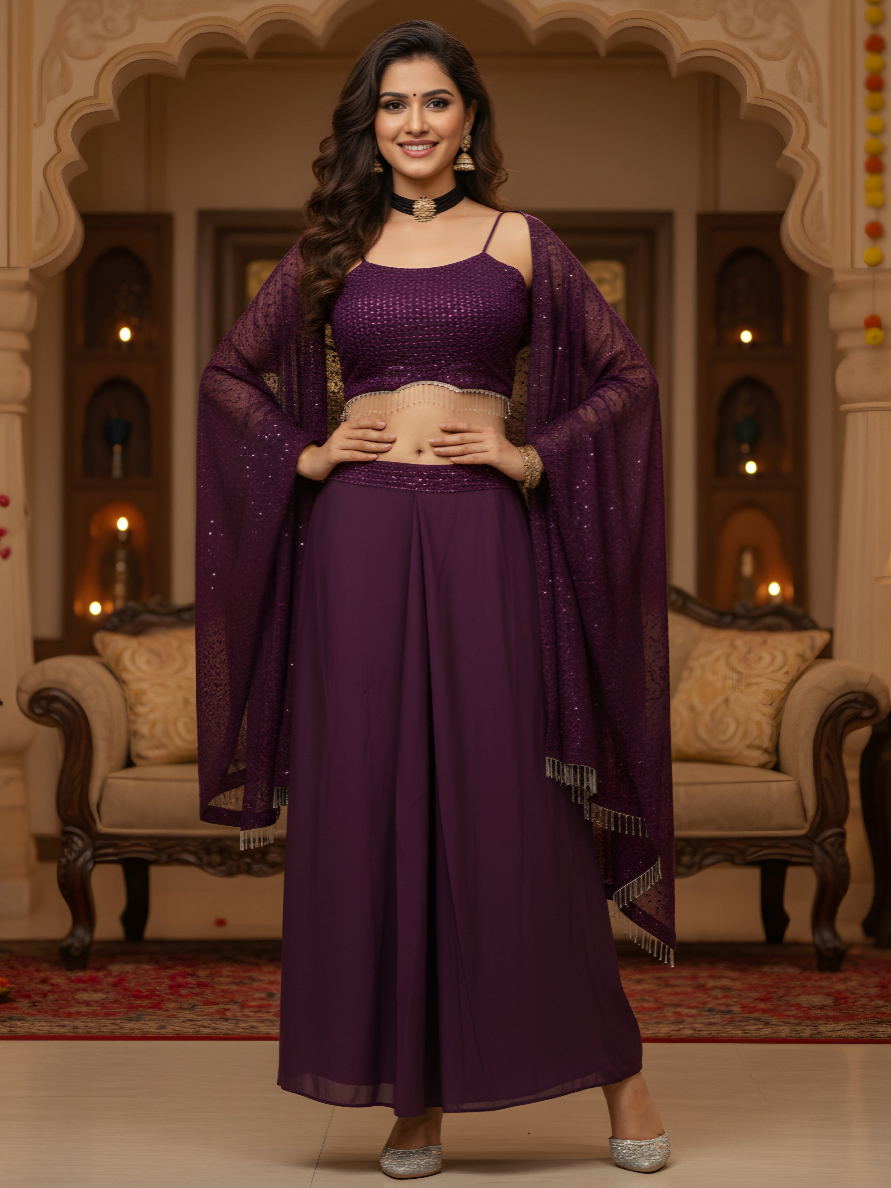 Eyescatch Wine Rangoli Silk With Embroidery Seuence Designer Festive Wear Cape Plazzo Set
