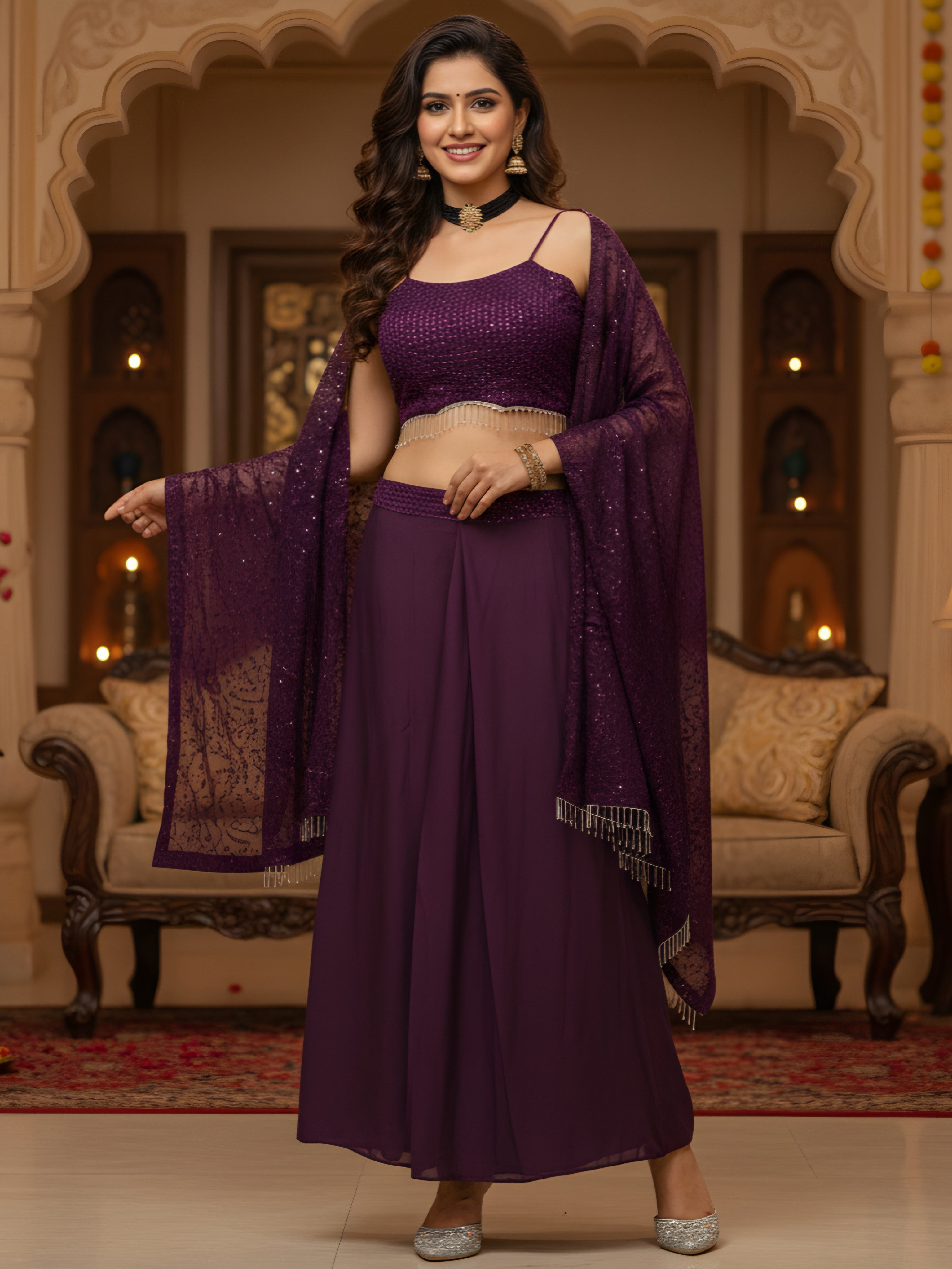 Eyescatch Wine Rangoli Silk With Embroidery Seuence Designer Festive Wear Cape Plazzo Set